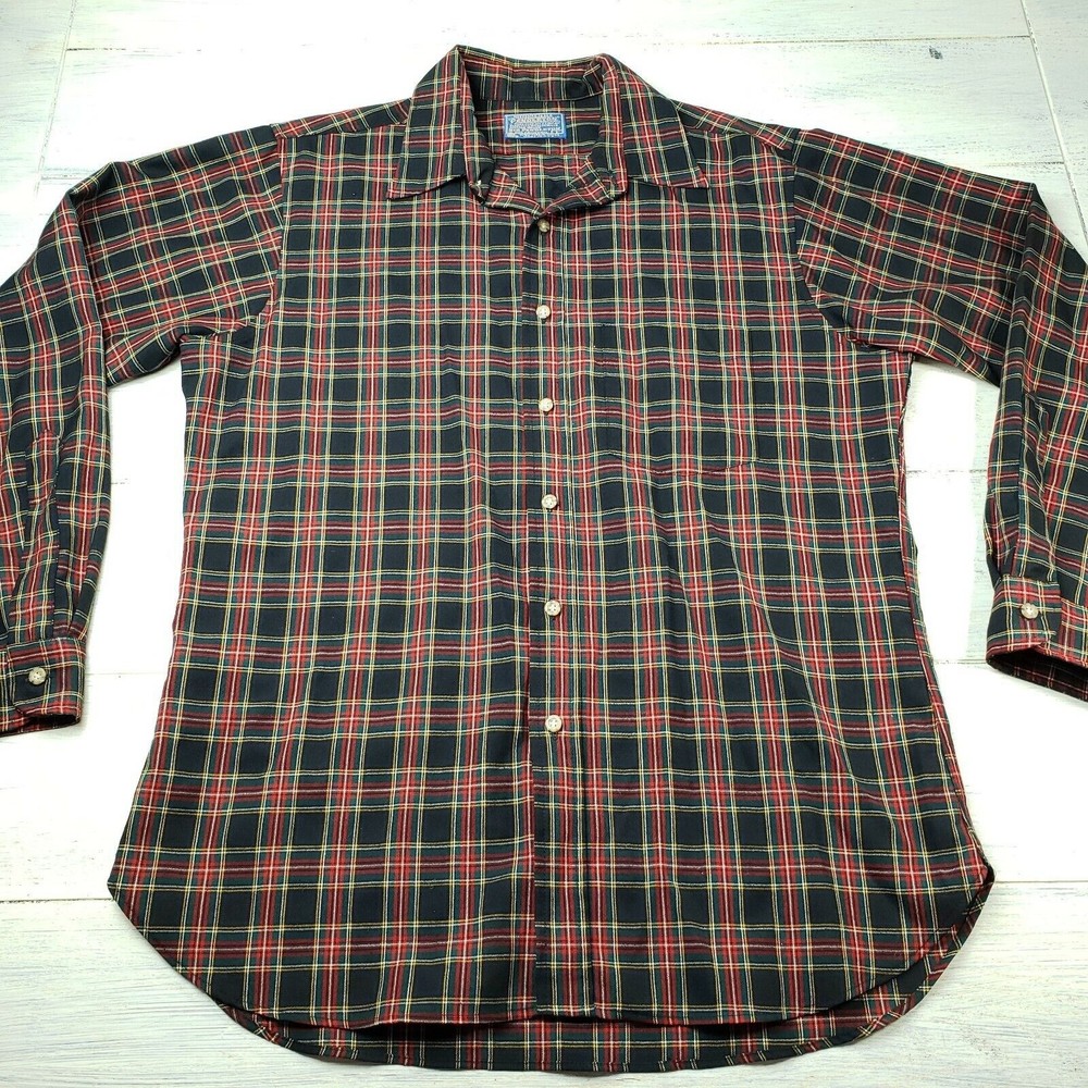 Vintage Pendleton Men’s Large Virgin Wool Black Stewart Tartan Shirt MADE IN USA